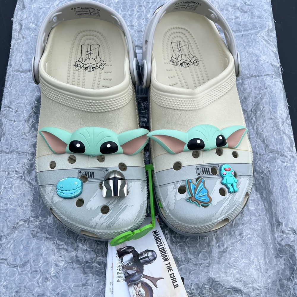 Kids Beige Crocs with Baby Yoda Design